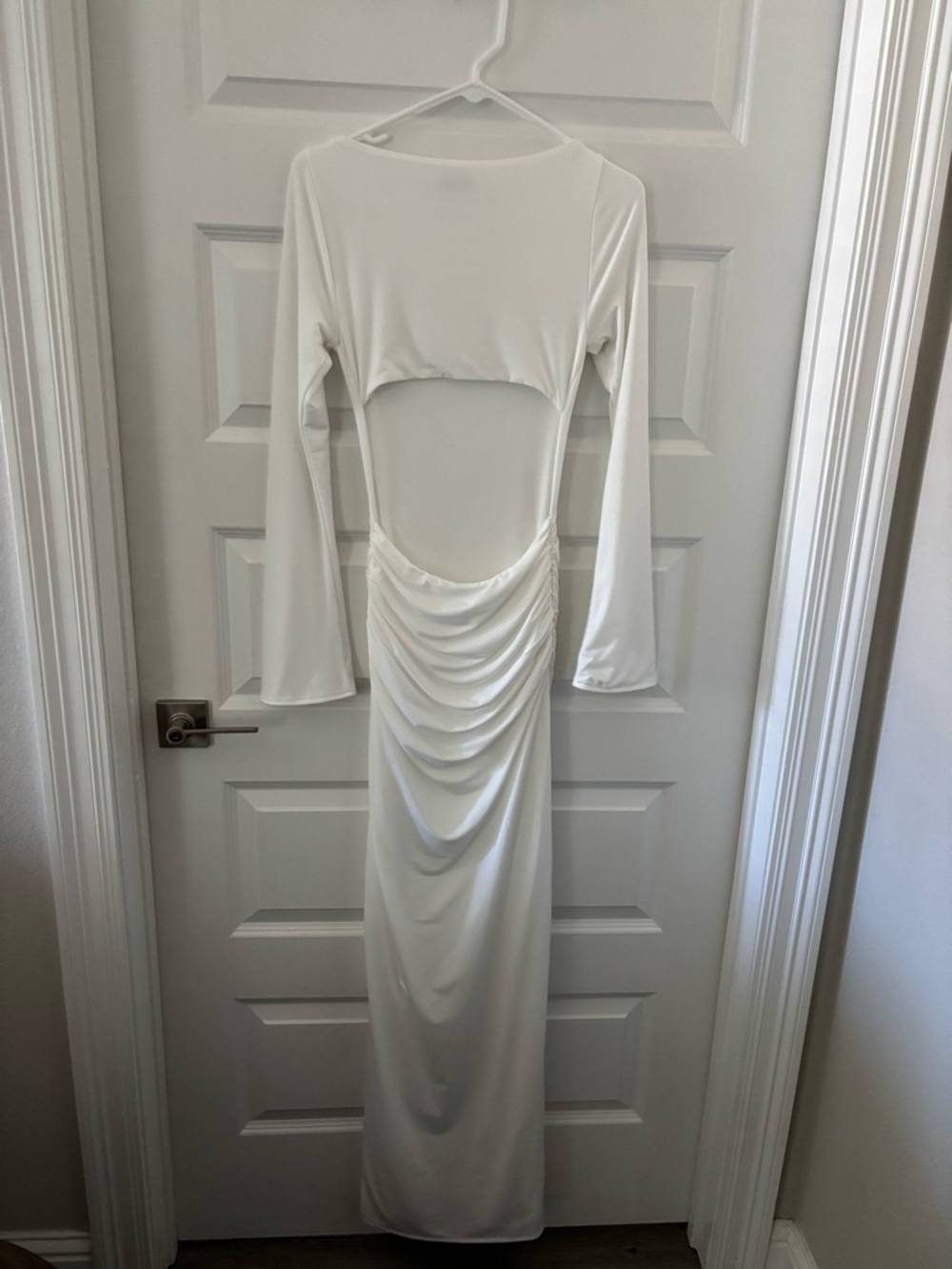 Meshki Ivory Ruched Maxi Dress with Bell Sleeves - Picture 4 of 4